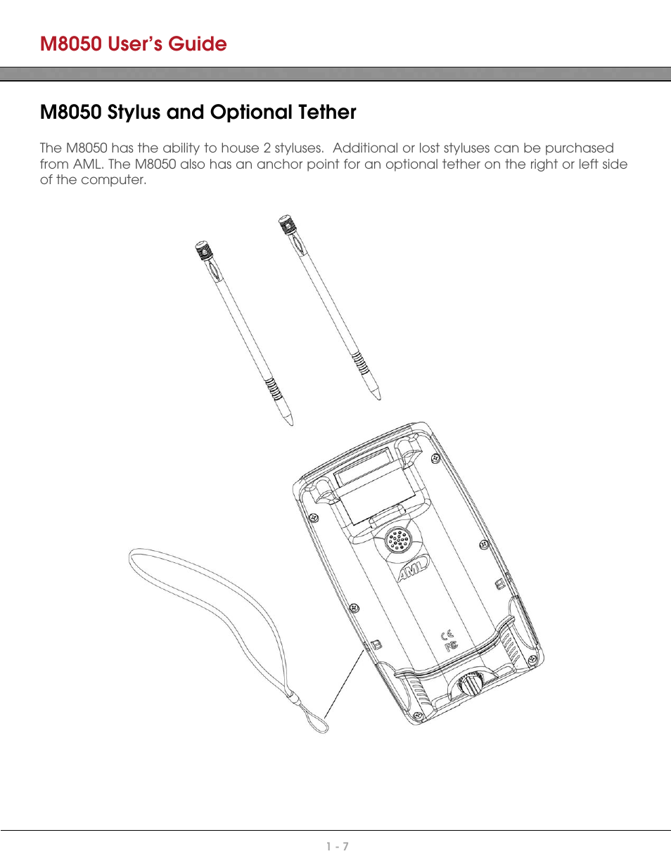 M8050 user’s guide, M8050 stylus and optional tether | AML M8050 Compact Handheld Computer User Manual | Page 14 / 55