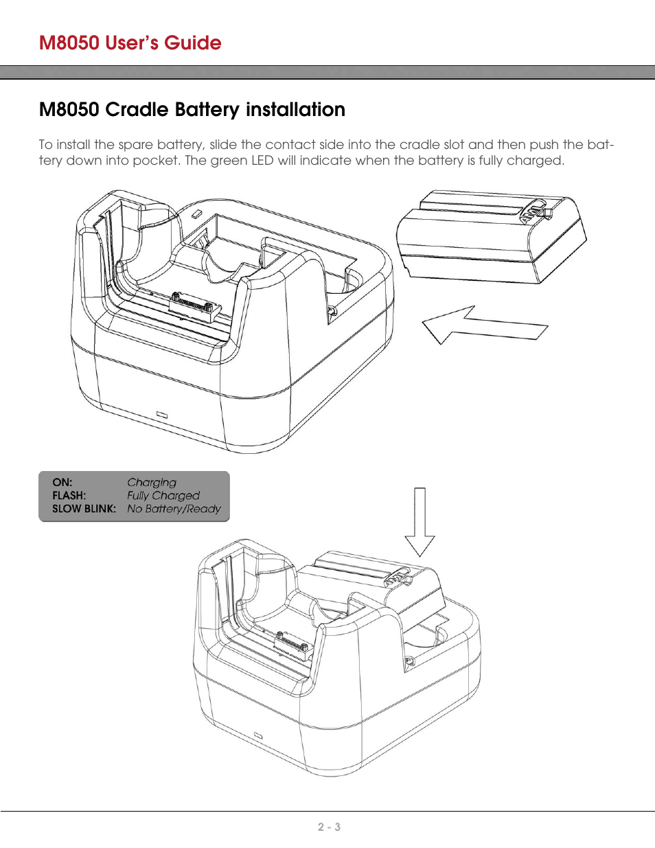 M8050 user’s guide, M8050 cradle battery installation | AML M8050 Compact Handheld Computer User Manual | Page 20 / 55