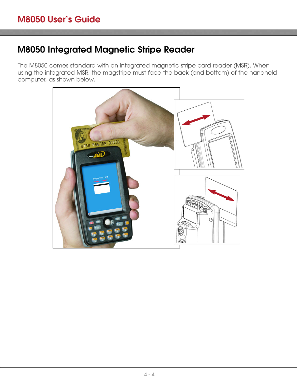 M8050 user’s guide, M8050 integrated magnetic stripe reader | AML M8050 Compact Handheld Computer User Manual | Page 31 / 55