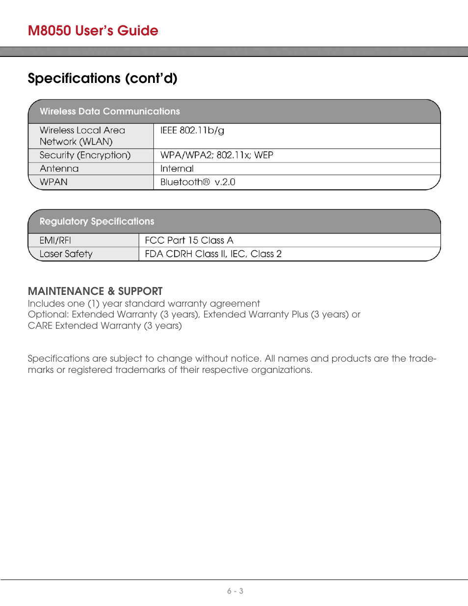 M8050 user’s guide, Specifications (cont’d) | AML M8050 Compact Handheld Computer User Manual | Page 55 / 55