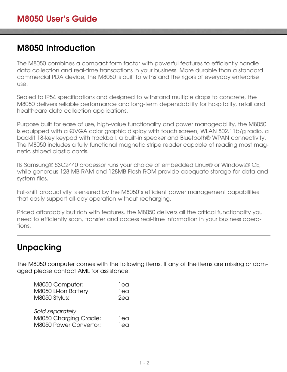 M8050 user’s guide, M8050 introduction, Unpacking | AML M8050 Compact Handheld Computer User Manual | Page 9 / 55