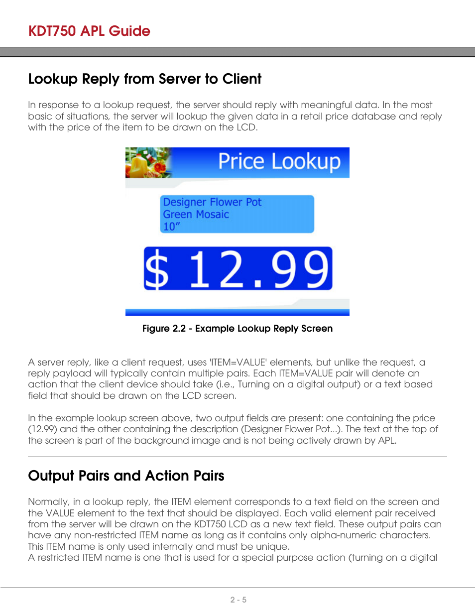 Lookup reply from server to client, Output pairs and action pairs, Kdt750 apl guide | AML KDT750 Price Verification System User Manual | Page 14 / 41