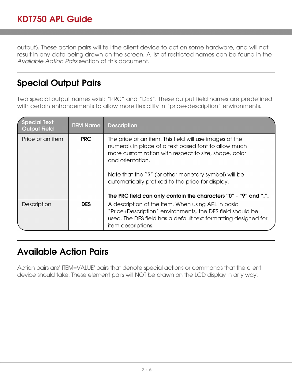 Special output pairs, Available action pairs, Kdt750 apl guide | AML KDT750 Price Verification System User Manual | Page 15 / 41