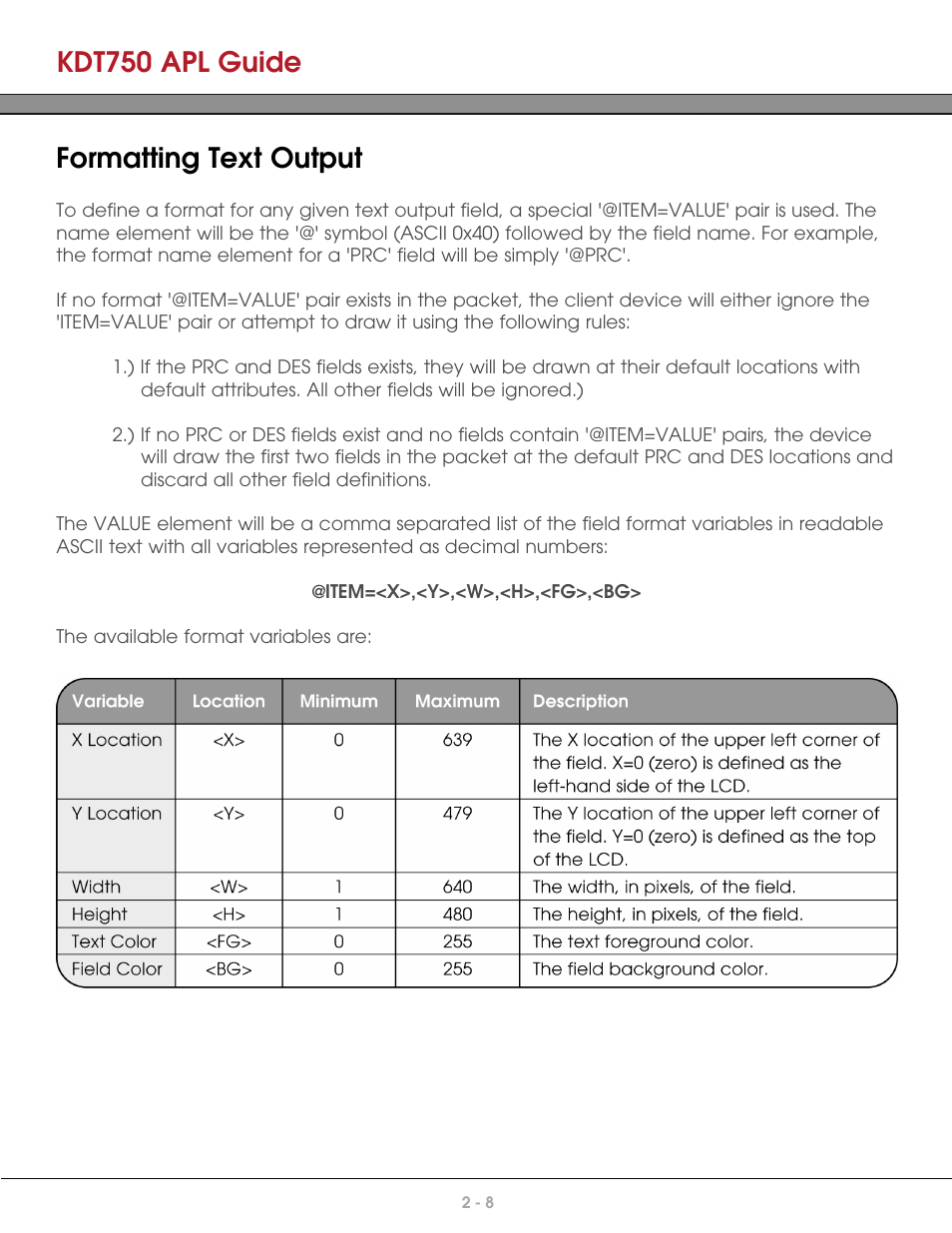 Formatting text output, Kdt750 apl guide | AML KDT750 Price Verification System User Manual | Page 17 / 41