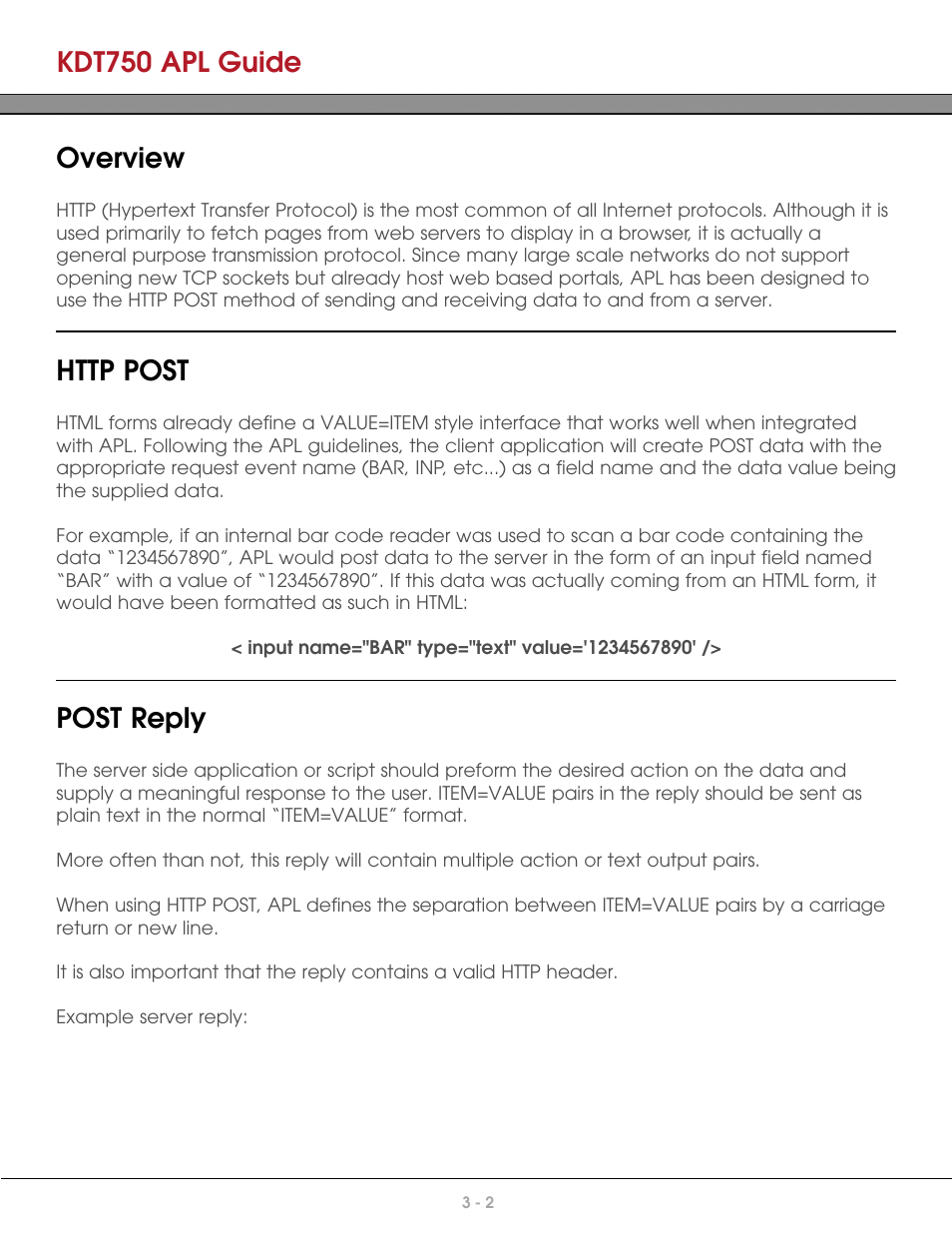 Overview, Http post, Post reply | Kdt750 apl guide | AML KDT750 Price Verification System User Manual | Page 20 / 41