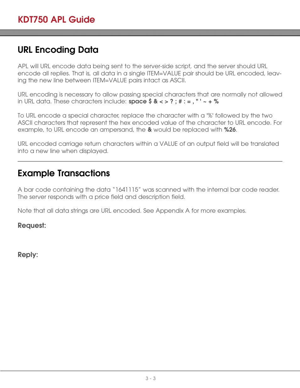 Url encoding data, Example transactions, Kdt750 apl guide | AML KDT750 Price Verification System User Manual | Page 21 / 41