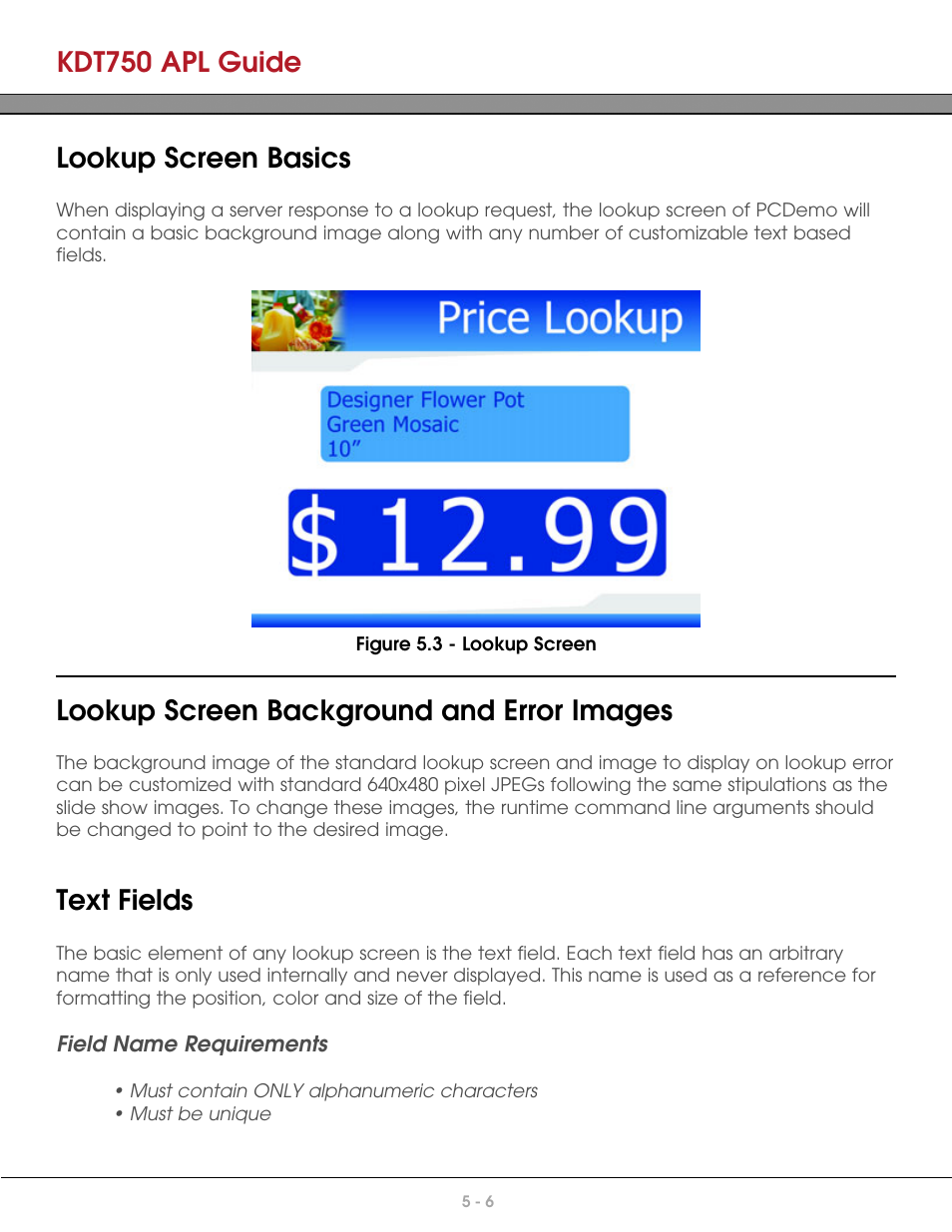 Lookup screen basics, Lookup screen background and error images, Text fields | Kdt750 apl guide | AML KDT750 Price Verification System User Manual | Page 34 / 41