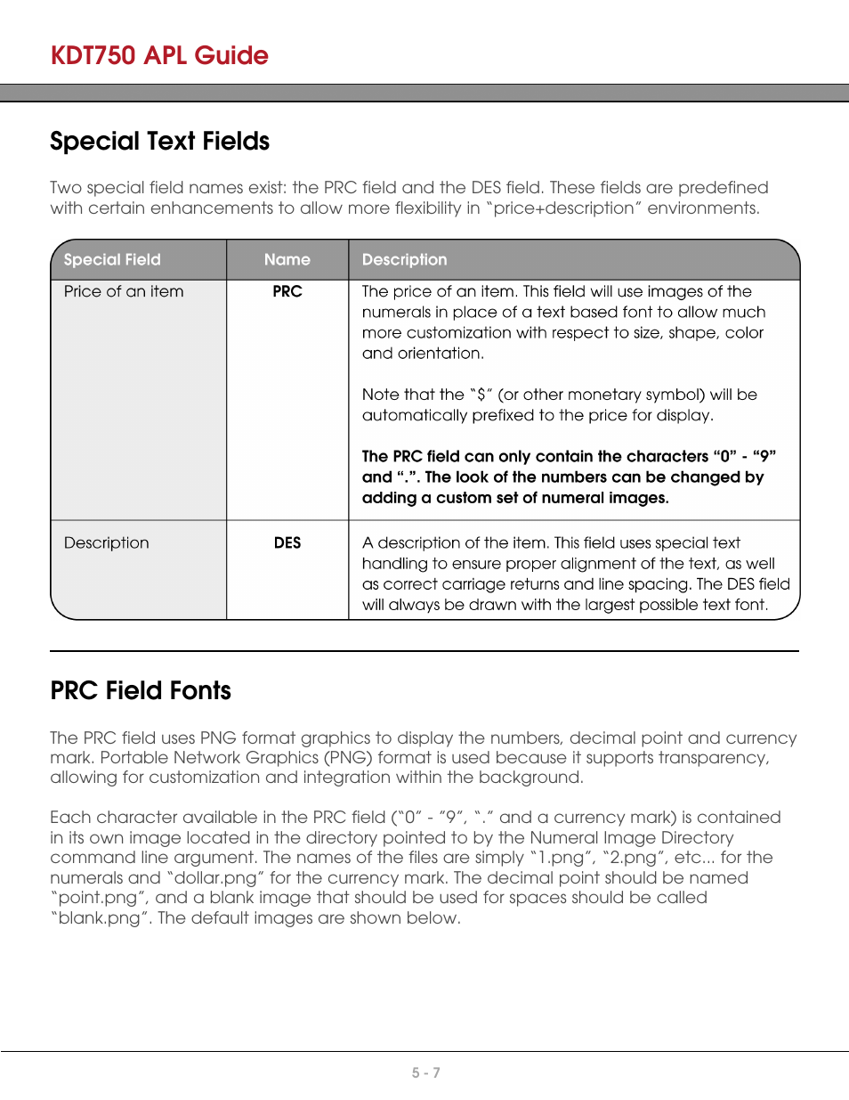 Special text fields, Prc field fonts, Kdt750 apl guide | AML KDT750 Price Verification System User Manual | Page 35 / 41