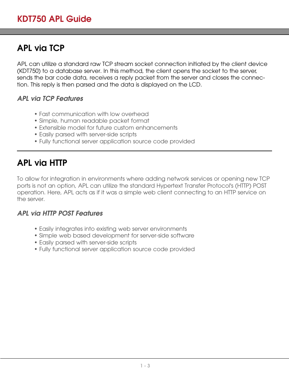 Apl via tcp, Apl via tcp features, Apl via http | Apl via http post features, Kdt750 apl guide | AML KDT750 Price Verification System User Manual | Page 9 / 41