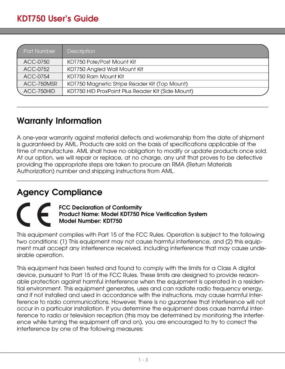 Warranty information, Agency compliance, Kdt750 user’s guide | AML KDT750 Price Verification System User Manual | Page 10 / 71