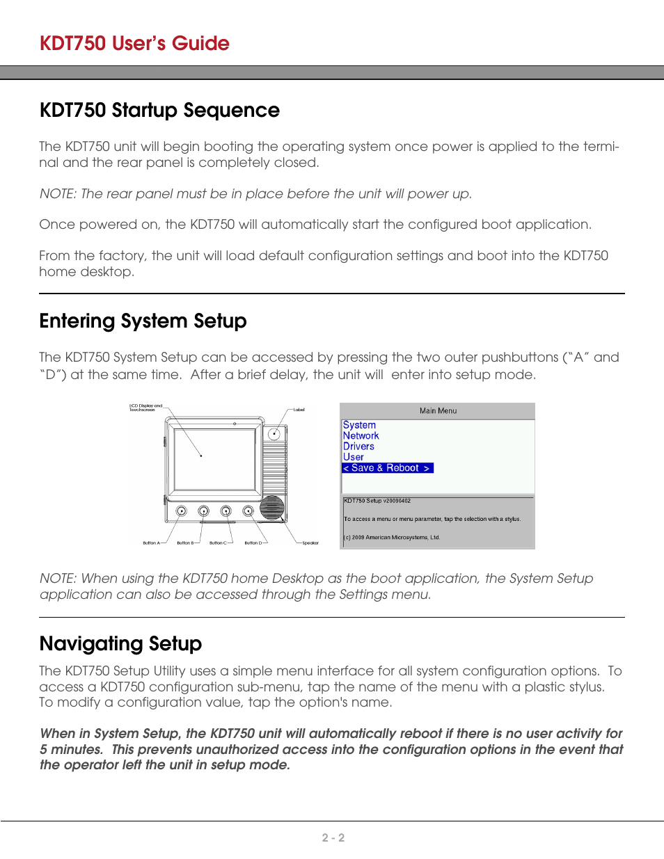 Kdt750 startup sequence, Entering system setup, Navigating setup | Kdt750 user’s guide | AML KDT750 Price Verification System User Manual | Page 13 / 71