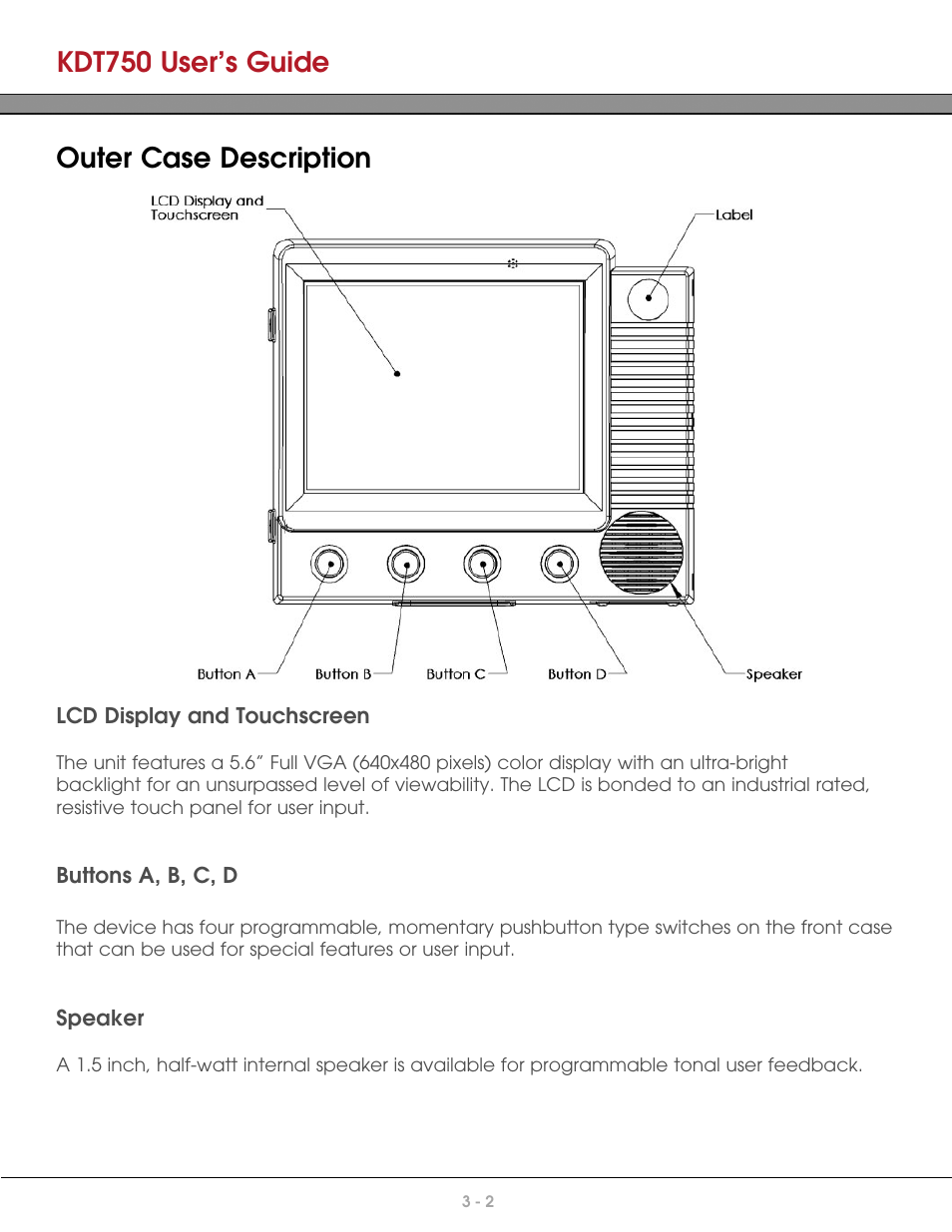 Outer case description, Lcd display and touchscreen, Buttons a, b, c, d | Speaker, Kdt750 user’s guide | AML KDT750 Price Verification System User Manual | Page 16 / 71