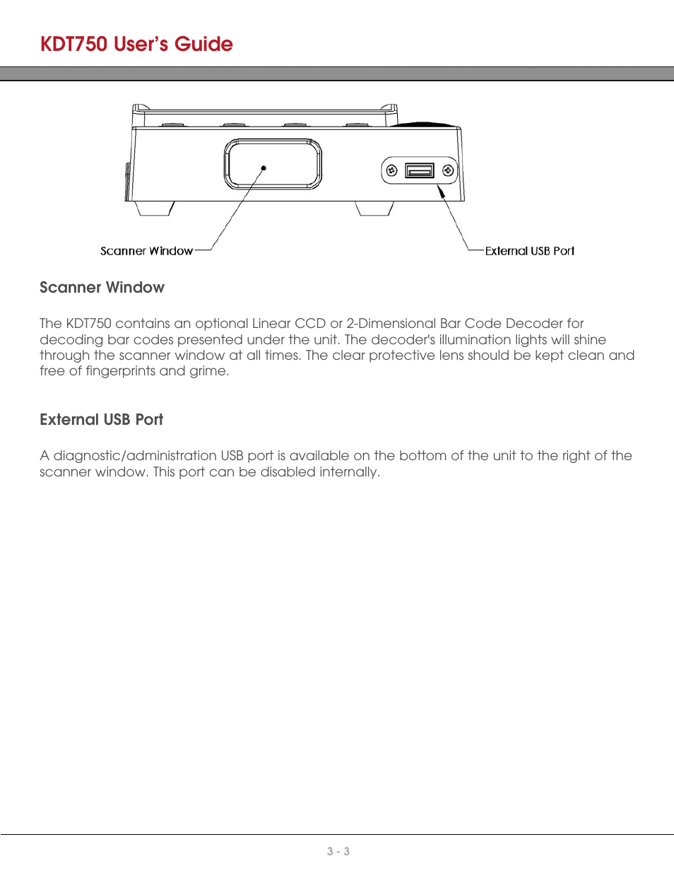 Scanner window, External usb port, Kdt750 user’s guide | AML KDT750 Price Verification System User Manual | Page 17 / 71