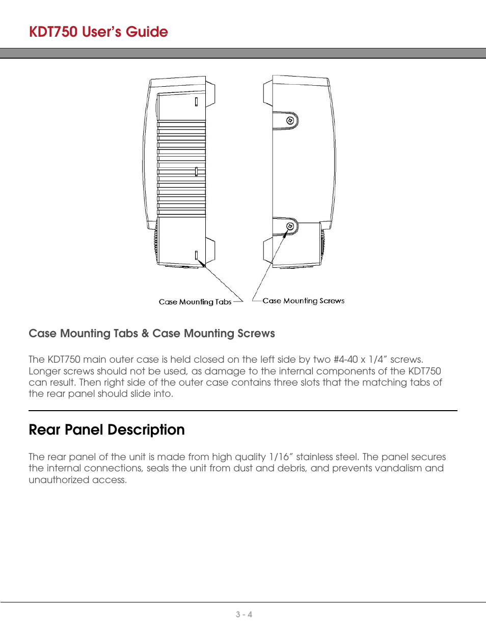 Case mounting tabs & case mounting screws, Rear panel description, Kdt750 user’s guide | AML KDT750 Price Verification System User Manual | Page 18 / 71