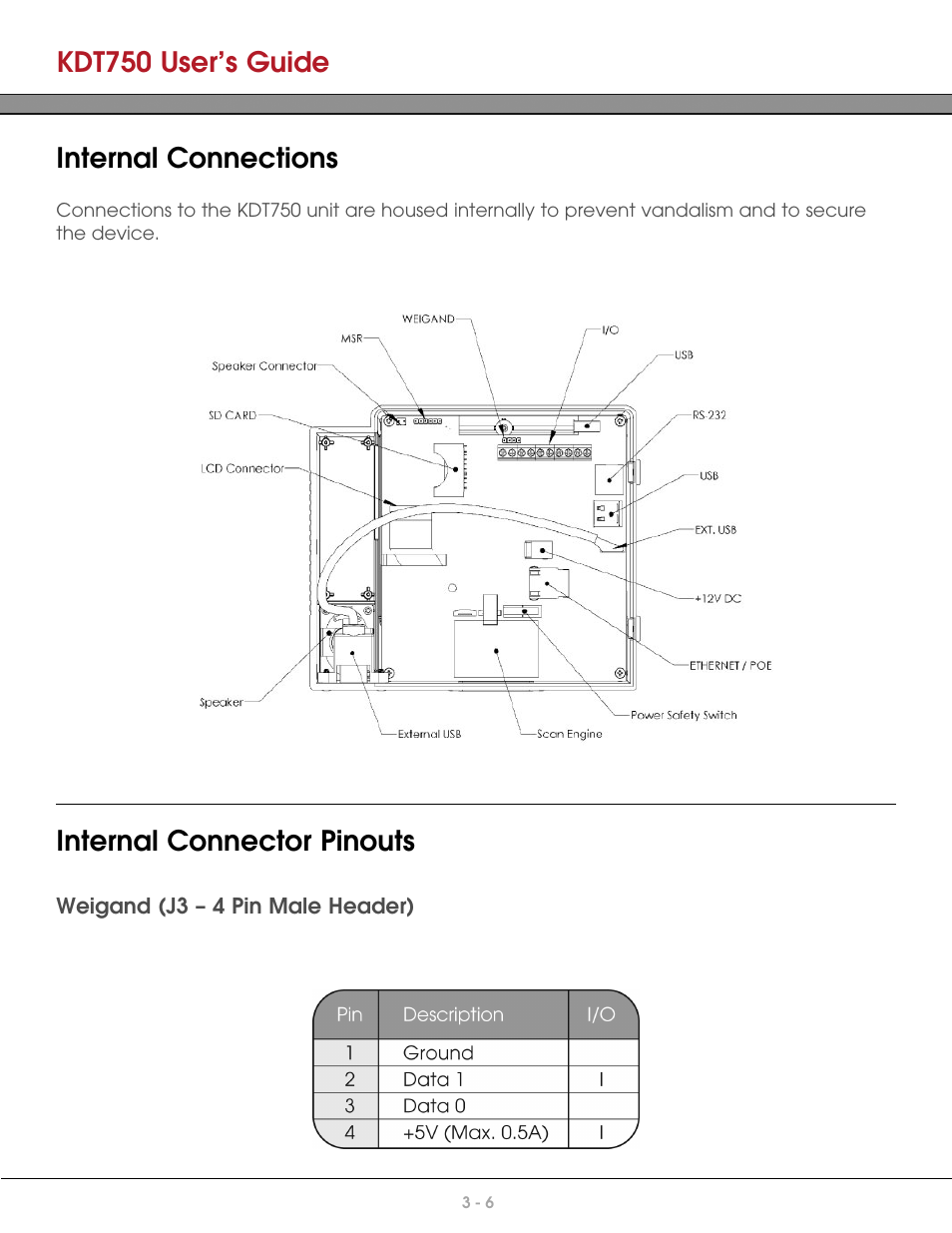 Internal connections, Internal connector pinouts, Weigand (j3 – 4 pin male header) | Kdt750 user’s guide | AML KDT750 Price Verification System User Manual | Page 20 / 71