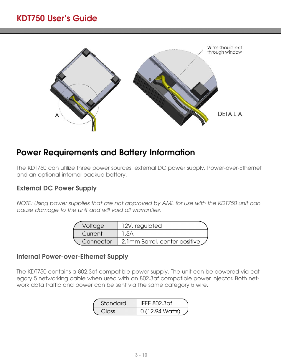 Power requirements and battery information, External dc power supply, Internal power-over-ethernet supply | Kdt750 user’s guide | AML KDT750 Price Verification System User Manual | Page 24 / 71