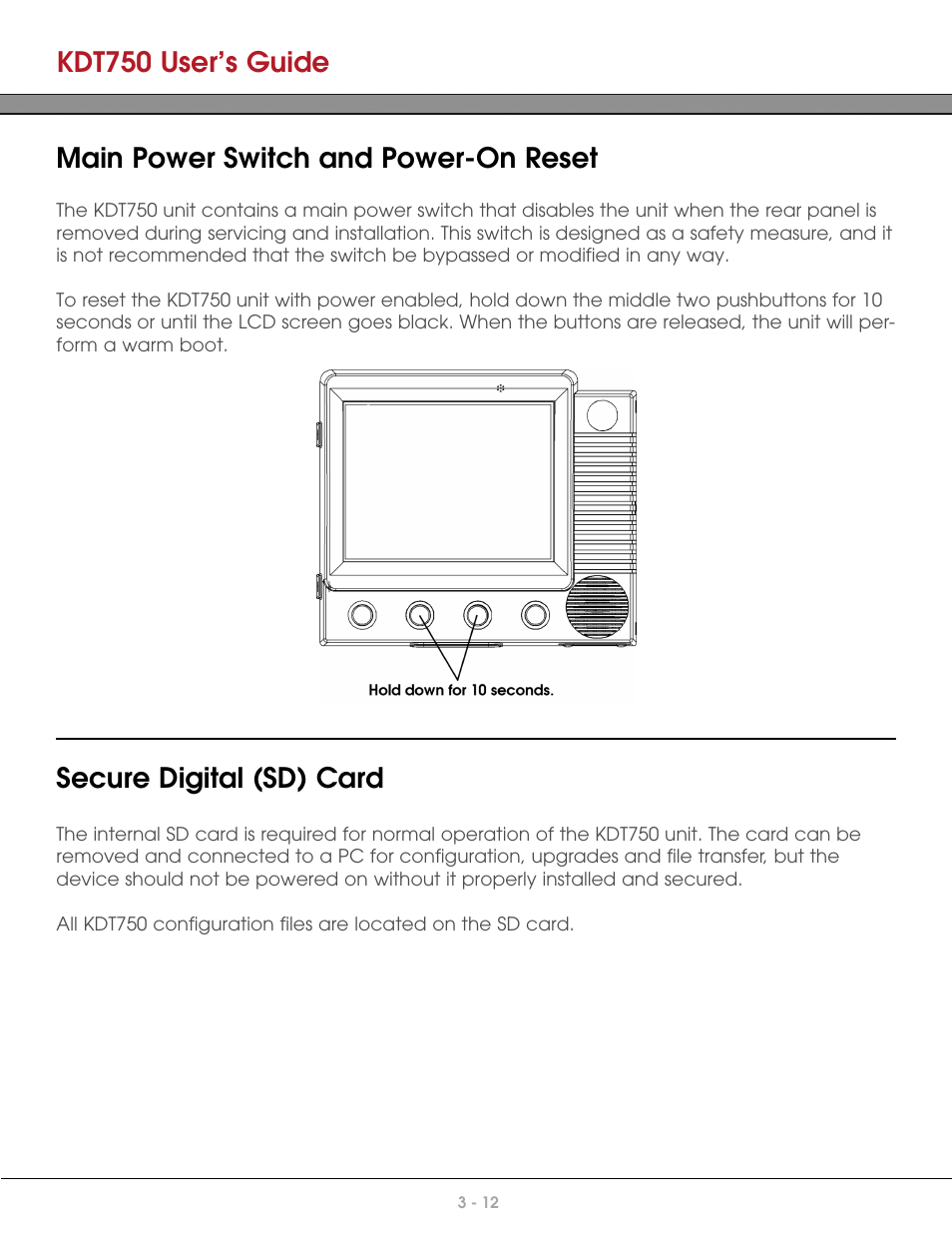 Main power switch and power-on reset, Secure digital (sd) card, Kdt750 user’s guide | AML KDT750 Price Verification System User Manual | Page 26 / 71