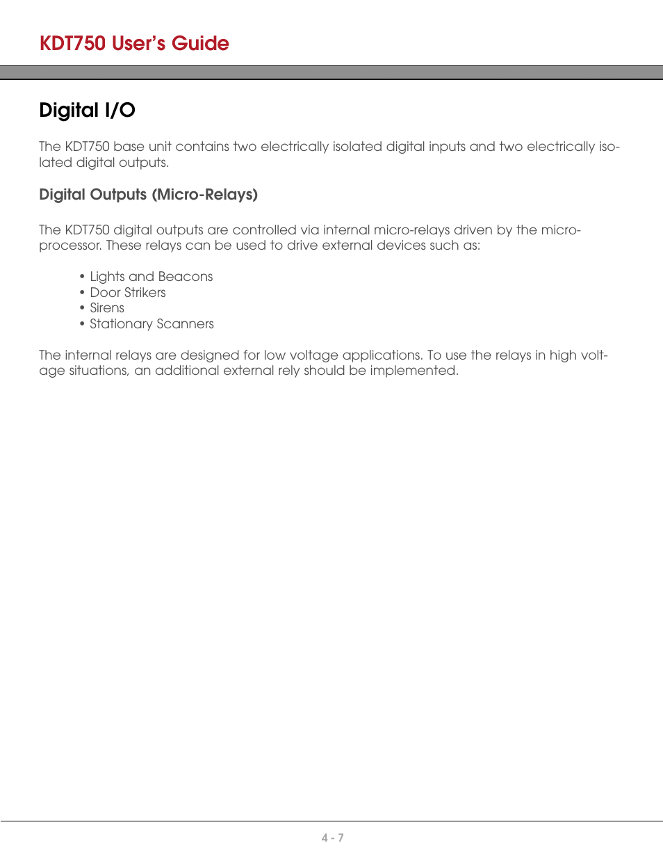 Digital i/o, Digital outputs (micro-relays), Kdt750 user’s guide | AML KDT750 Price Verification System User Manual | Page 33 / 71