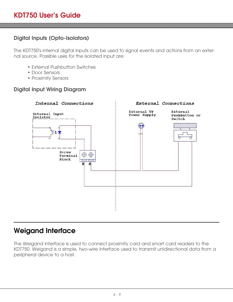 Digital inputs (opto-isolators), Digital input wiring diagram, Weigand interface | Kdt750 user’s guide | AML KDT750 Price Verification System User Manual | Page 35 / 71