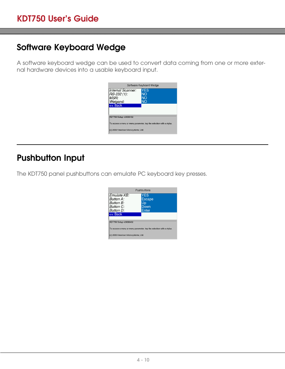 Software keyboard wedge, Pushbutton input, Kdt750 user’s guide | AML KDT750 Price Verification System User Manual | Page 36 / 71