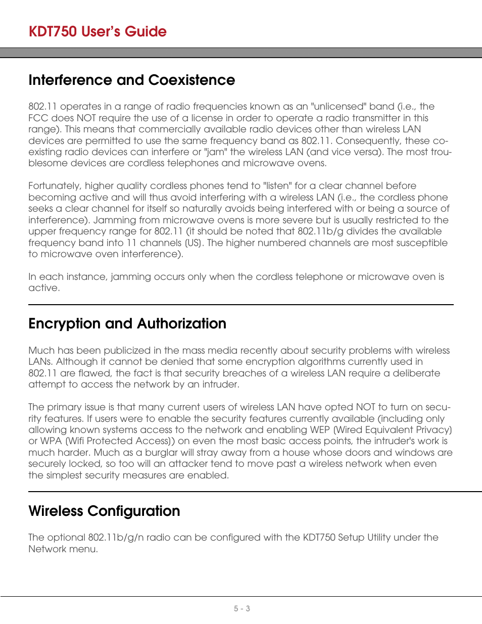 Interference and coexistence, Encryption and authorization, Wireless configuration | Kdt750 user’s guide | AML KDT750 Price Verification System User Manual | Page 39 / 71