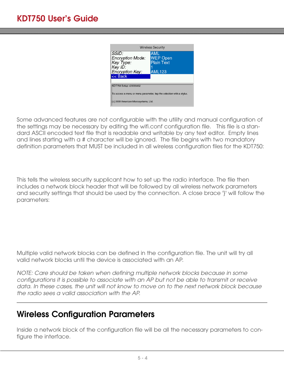 Wireless configuration parameters, Kdt750 user’s guide | AML KDT750 Price Verification System User Manual | Page 40 / 71