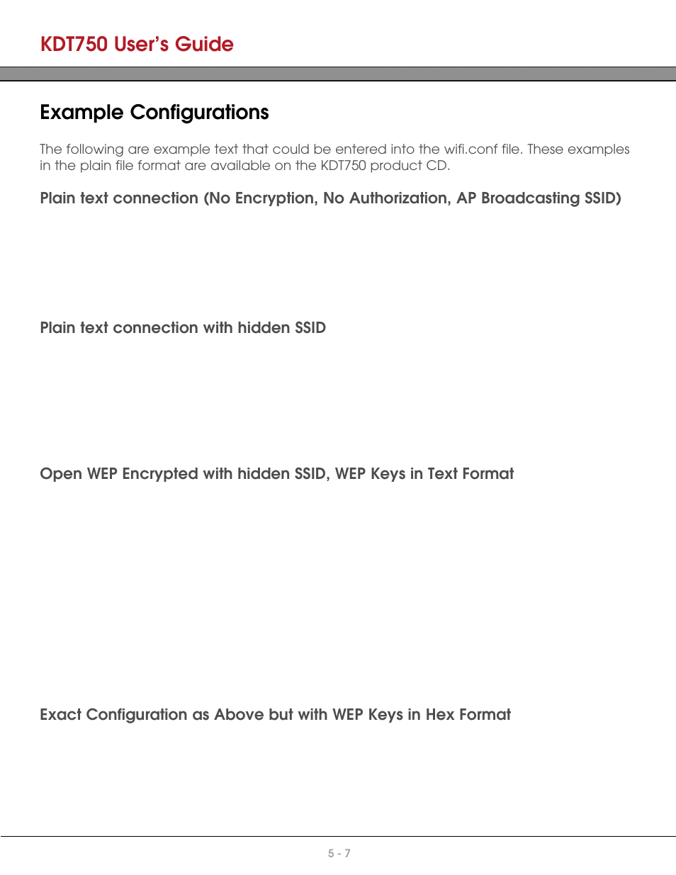 Example configurations, Plain text connection with hidden ssid, Kdt750 user’s guide | AML KDT750 Price Verification System User Manual | Page 43 / 71