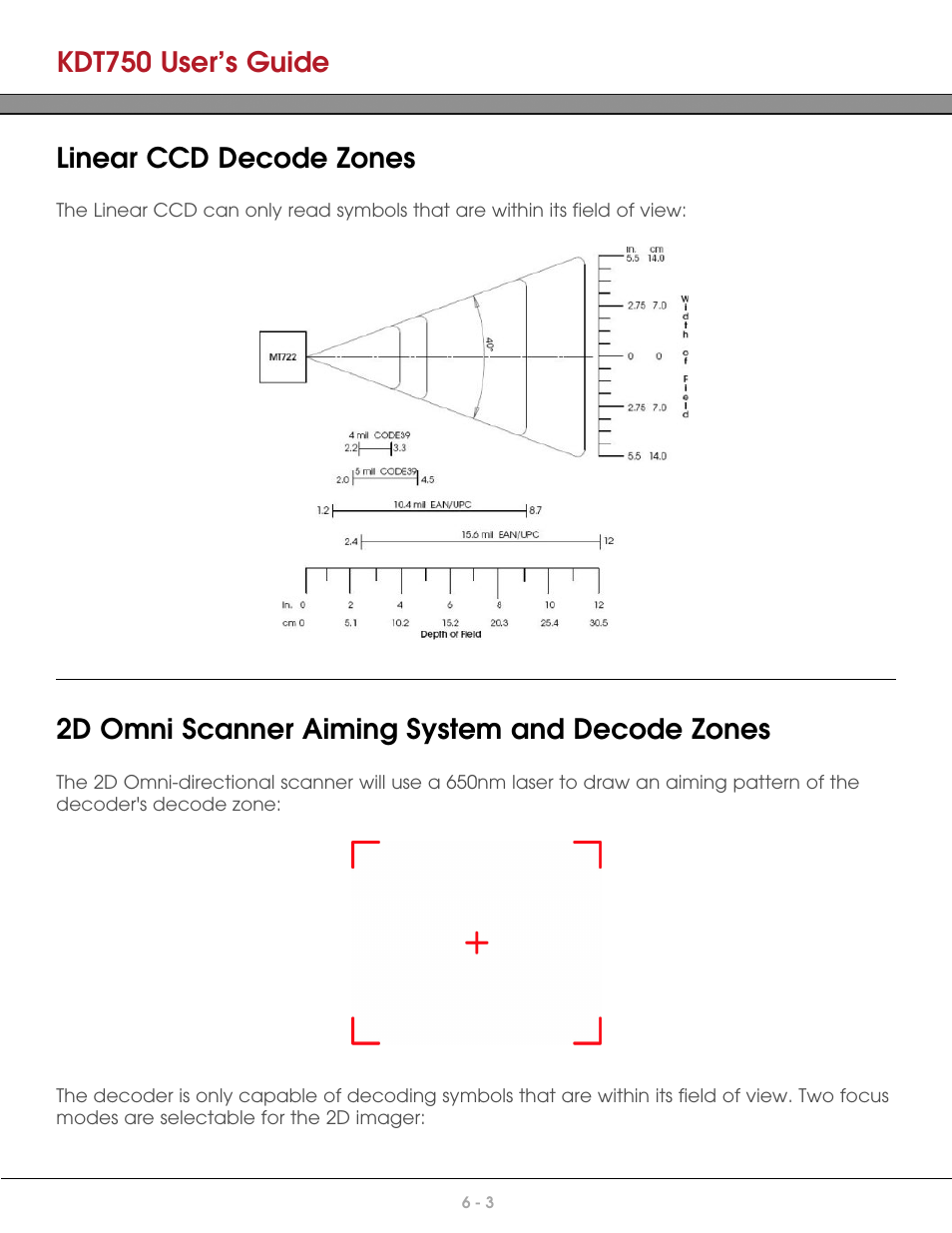 Linear ccd decode zones, 2d omni scanner aiming system and decode zones, Kdt750 user’s guide | AML KDT750 Price Verification System User Manual | Page 48 / 71