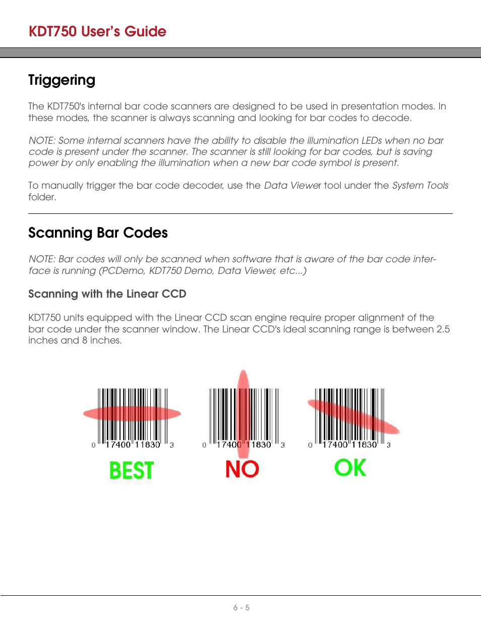 Triggering, Scanning bar codes, Scanning with the linear ccd | Kdt750 user’s guide | AML KDT750 Price Verification System User Manual | Page 50 / 71