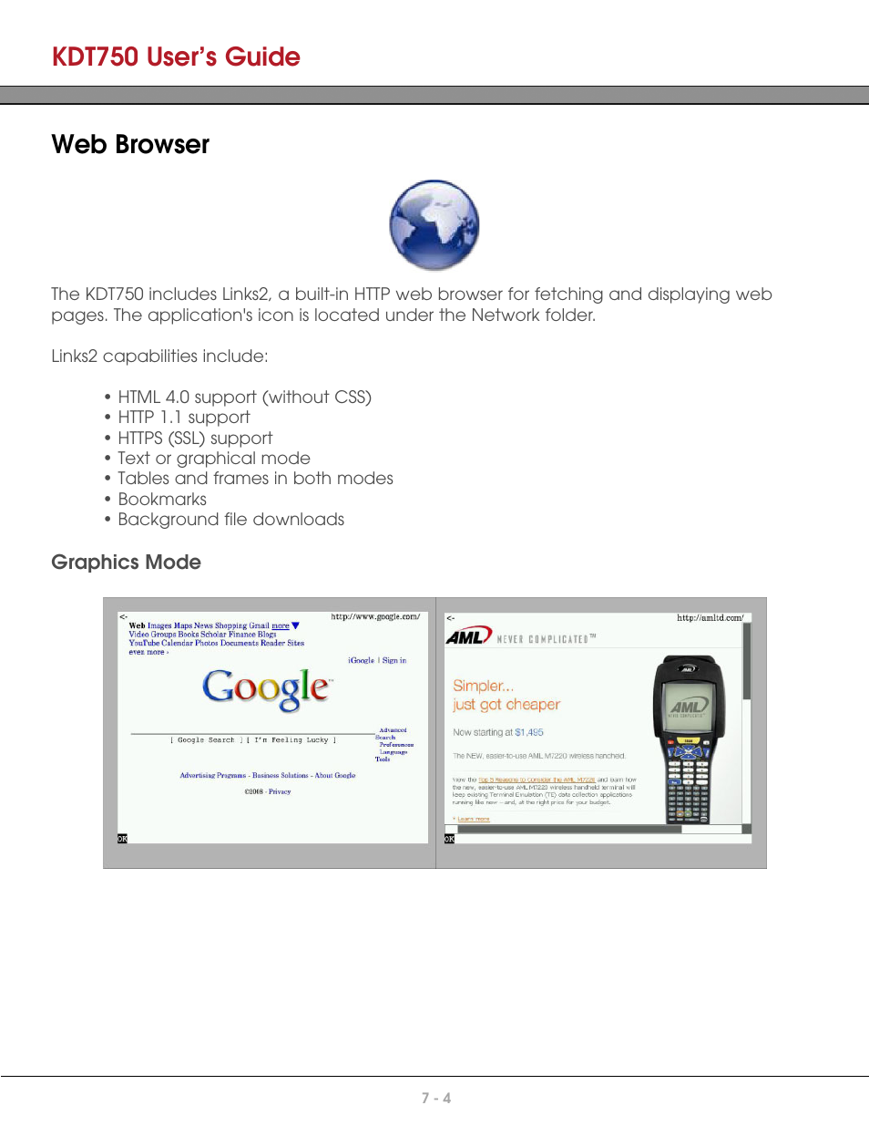 Web browser, Graphics mode, Kdt750 user’s guide | AML KDT750 Price Verification System User Manual | Page 56 / 71