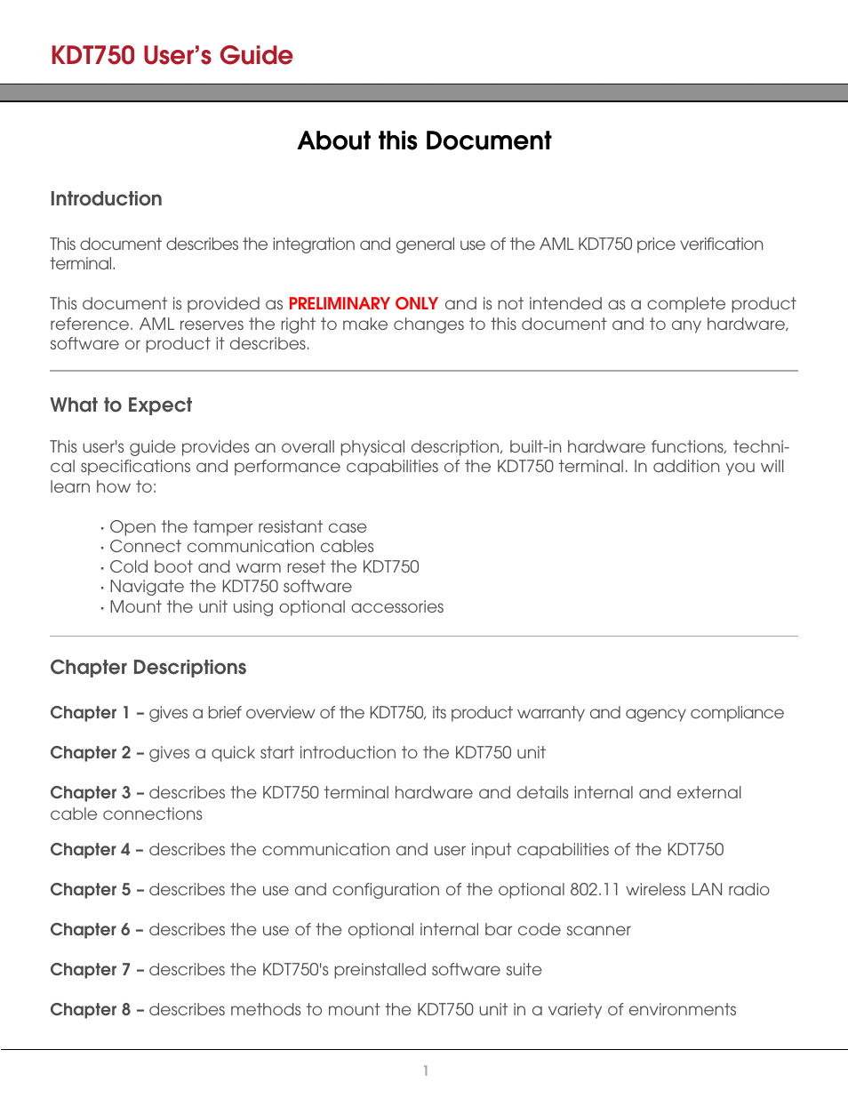 About this document, Introduction, What to expect | Chapter descriptions, Kdt750 user’s guide | AML KDT750 Price Verification System User Manual | Page 6 / 71