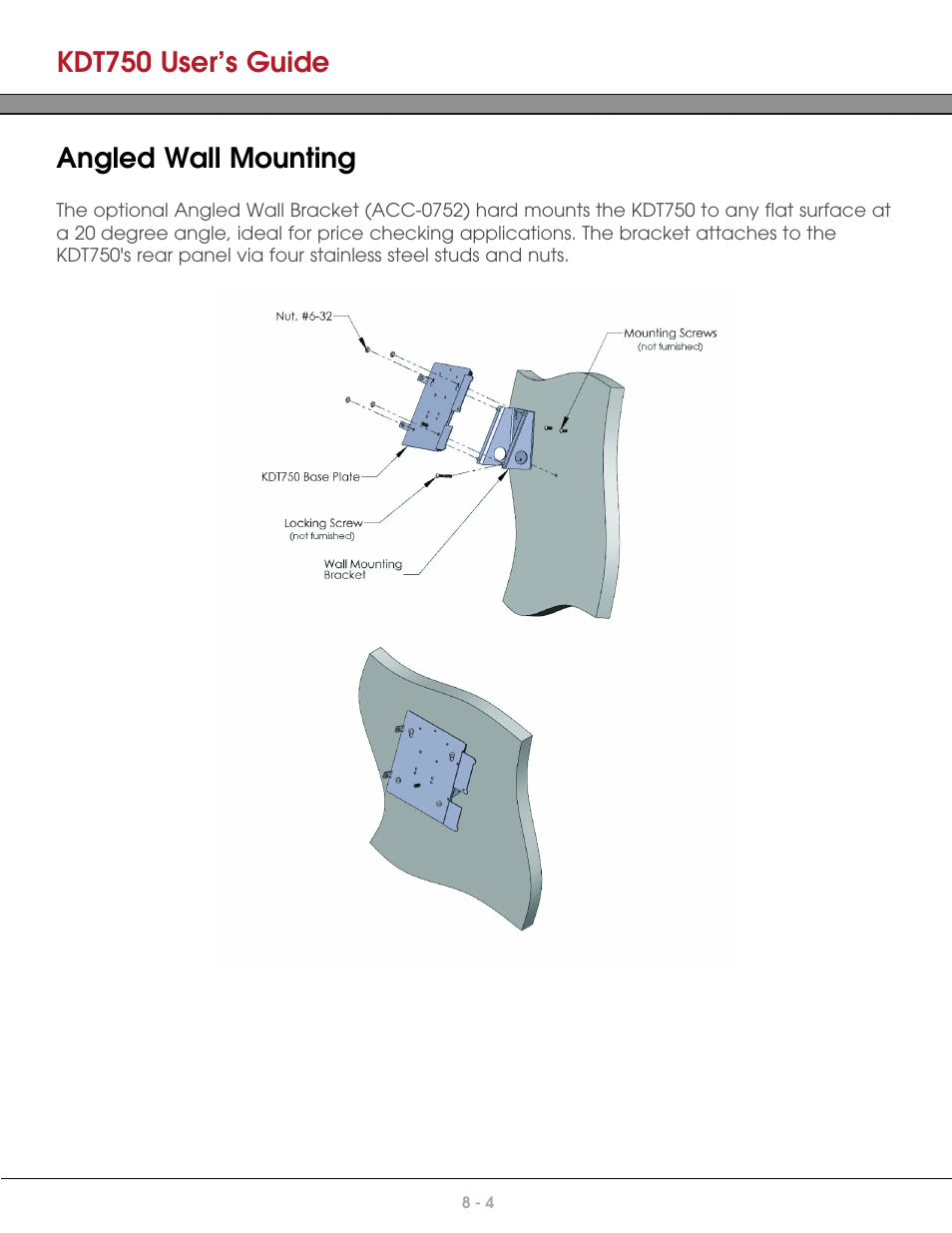 Angled wall mounting, Kdt750 user’s guide | AML KDT750 Price Verification System User Manual | Page 62 / 71