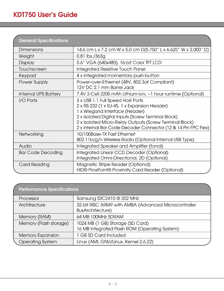 General specifications, Performance specifications, Kdt750 user’s guide | AML KDT750 Price Verification System User Manual | Page 66 / 71