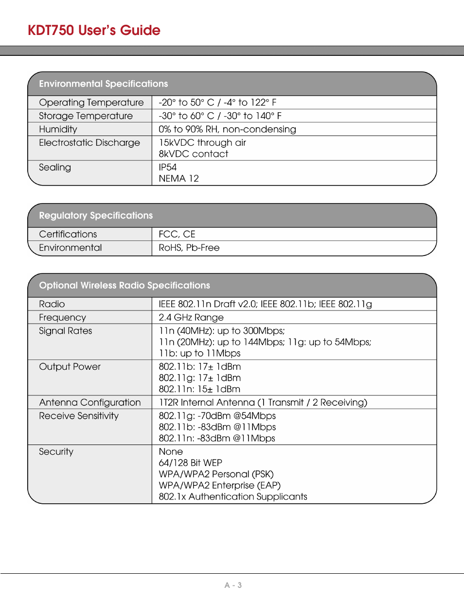 Environmental specifications, Regulatory specifications, Optional wireless radio specifications | Kdt750 user’s guide | AML KDT750 Price Verification System User Manual | Page 67 / 71