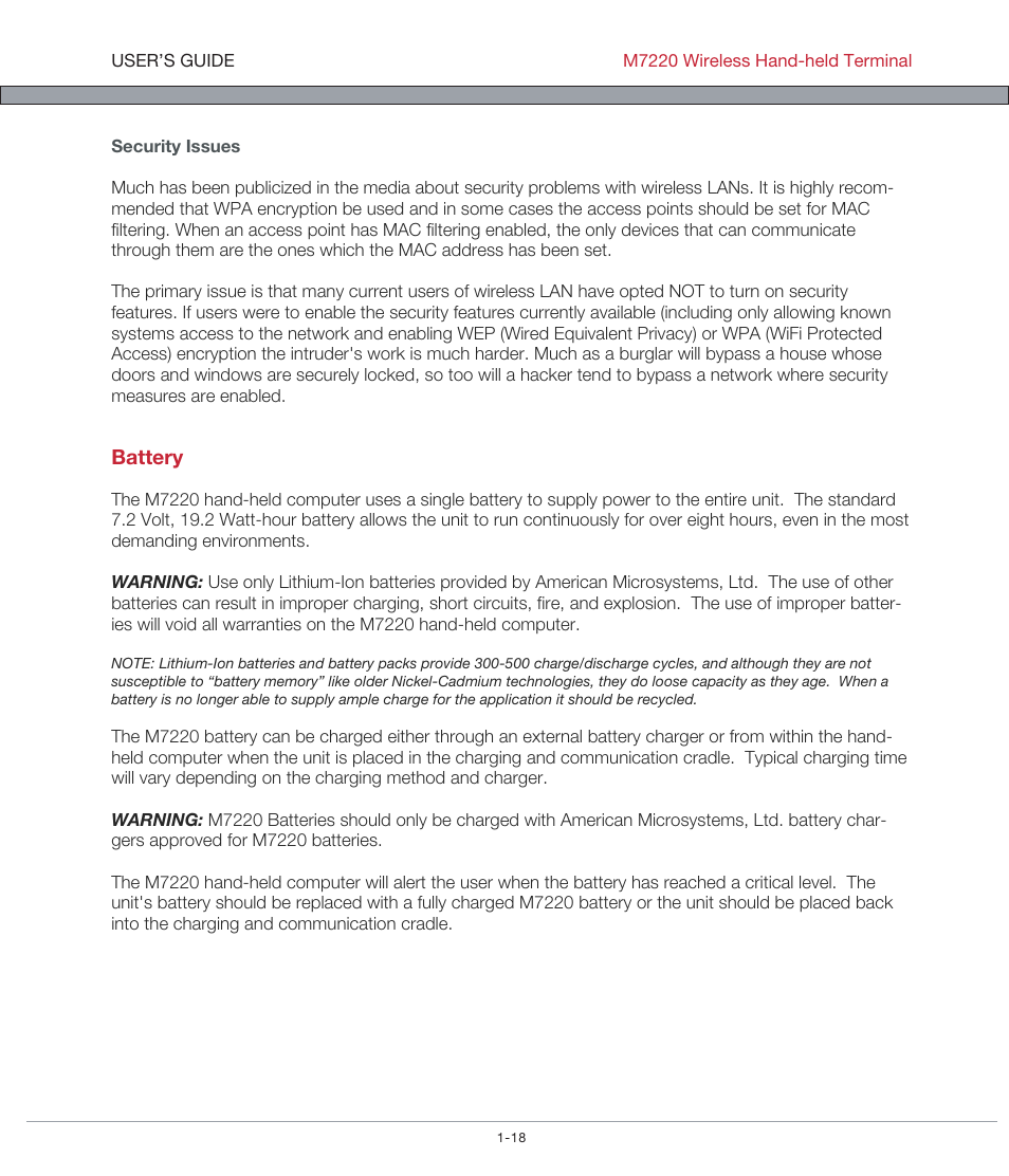 Battery | AML M7220 Wireless Terminal User Manual | Page 24 / 101