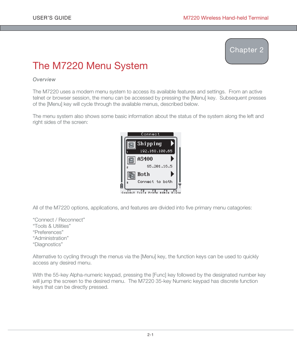 The m7220 menu system, Chapter 2 | AML M7220 Wireless Terminal User Manual | Page 27 / 101