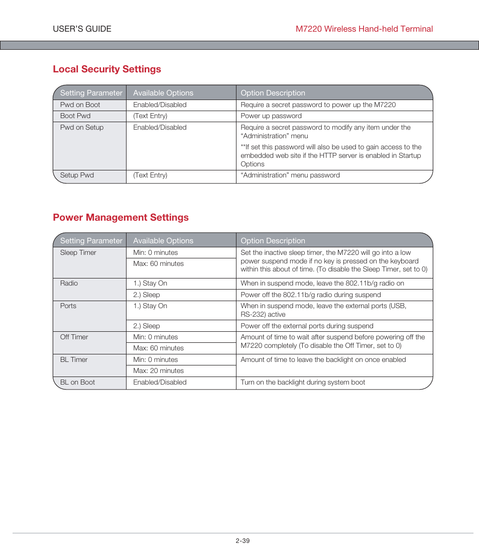 Local security settings power management settings | AML M7220 Wireless Terminal User Manual | Page 65 / 101