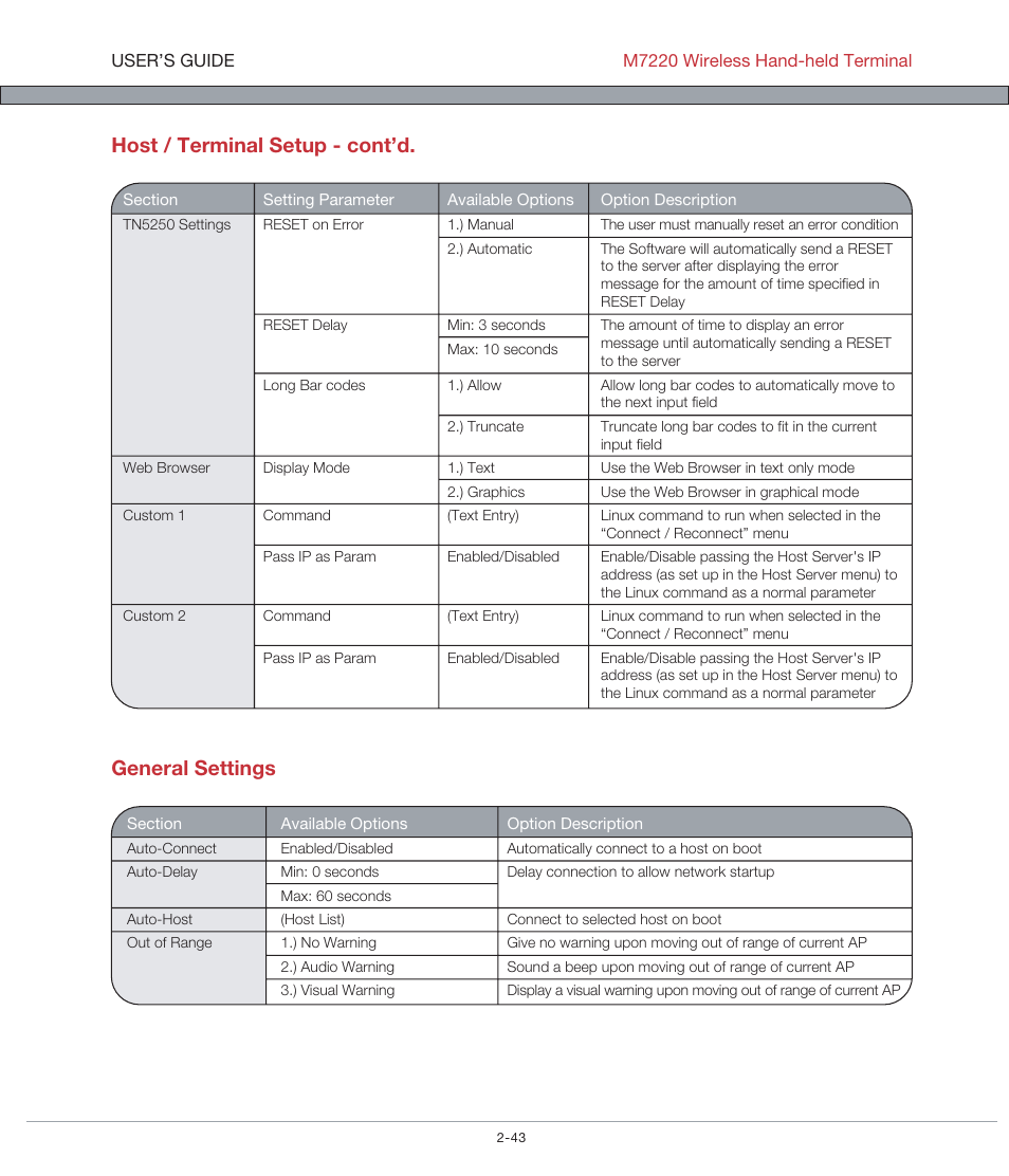 Host / terminal setup - cont’d. general settings | AML M7220 Wireless Terminal User Manual | Page 69 / 101