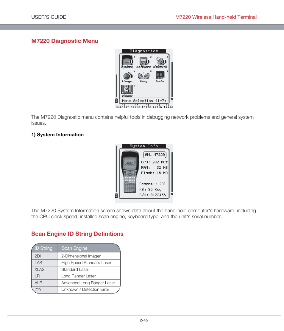 M7220 diagnostic menu, Scan engine id string definitions | AML M7220 Wireless Terminal User Manual | Page 71 / 101