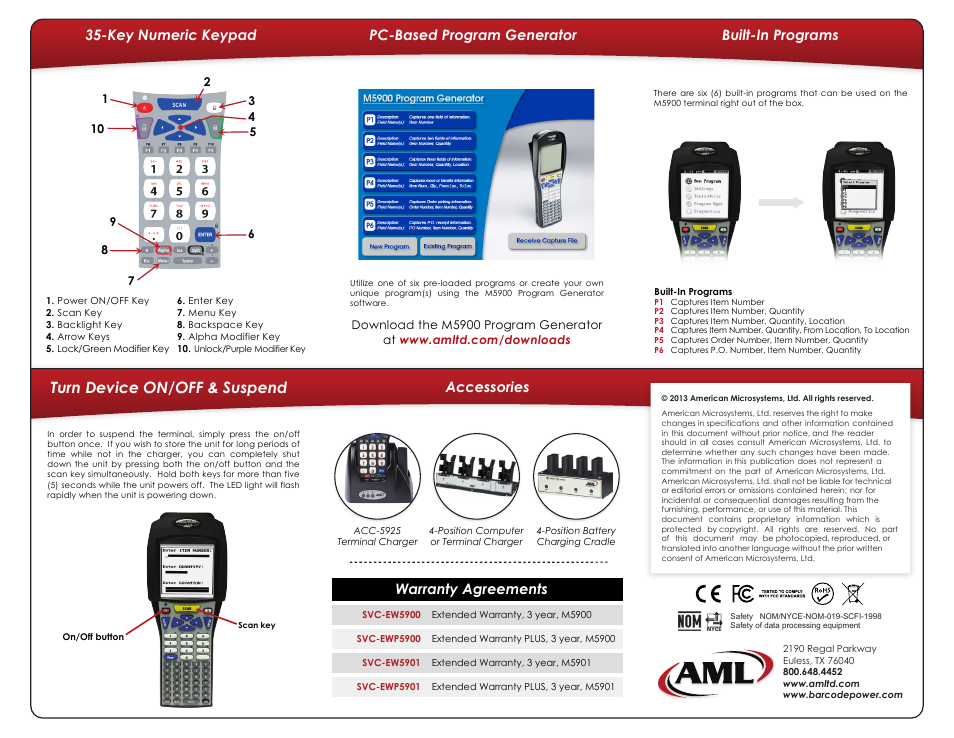 Turn device on/off & suspend, Key numeric keypad accessories, Pc-based program generator built-in programs | Warranty agreements | AML M5900 Portable Batch Data Terminal User Manual | Page 2 / 2