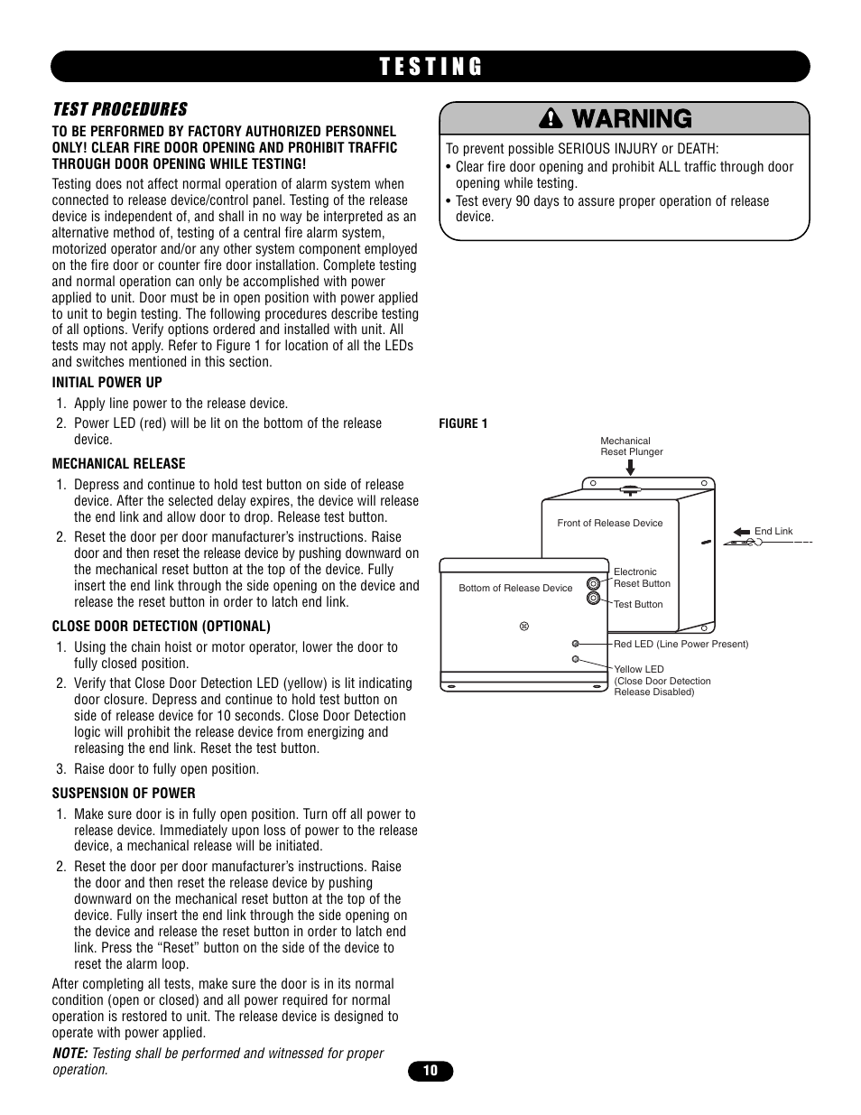 T e s t i n g, Test procedures, Close door detection (optional) | Warning caution warning warning | Chamberlain LM21XP User Manual | Page 10 / 16