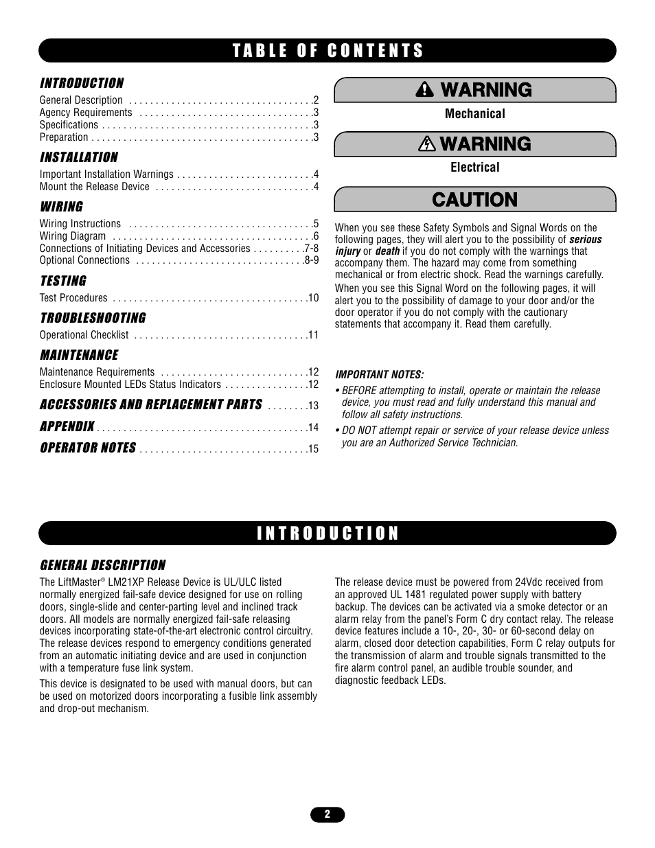 T a b l e o f c o n t e n t s, I n t r o d u c t i o n | Chamberlain LM21XP User Manual | Page 2 / 16