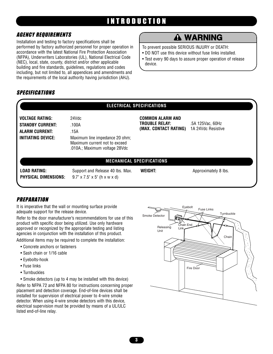 Agency requirements, Preparation, Warning caution warning warning | Specifications | Chamberlain LM21XP User Manual | Page 3 / 16