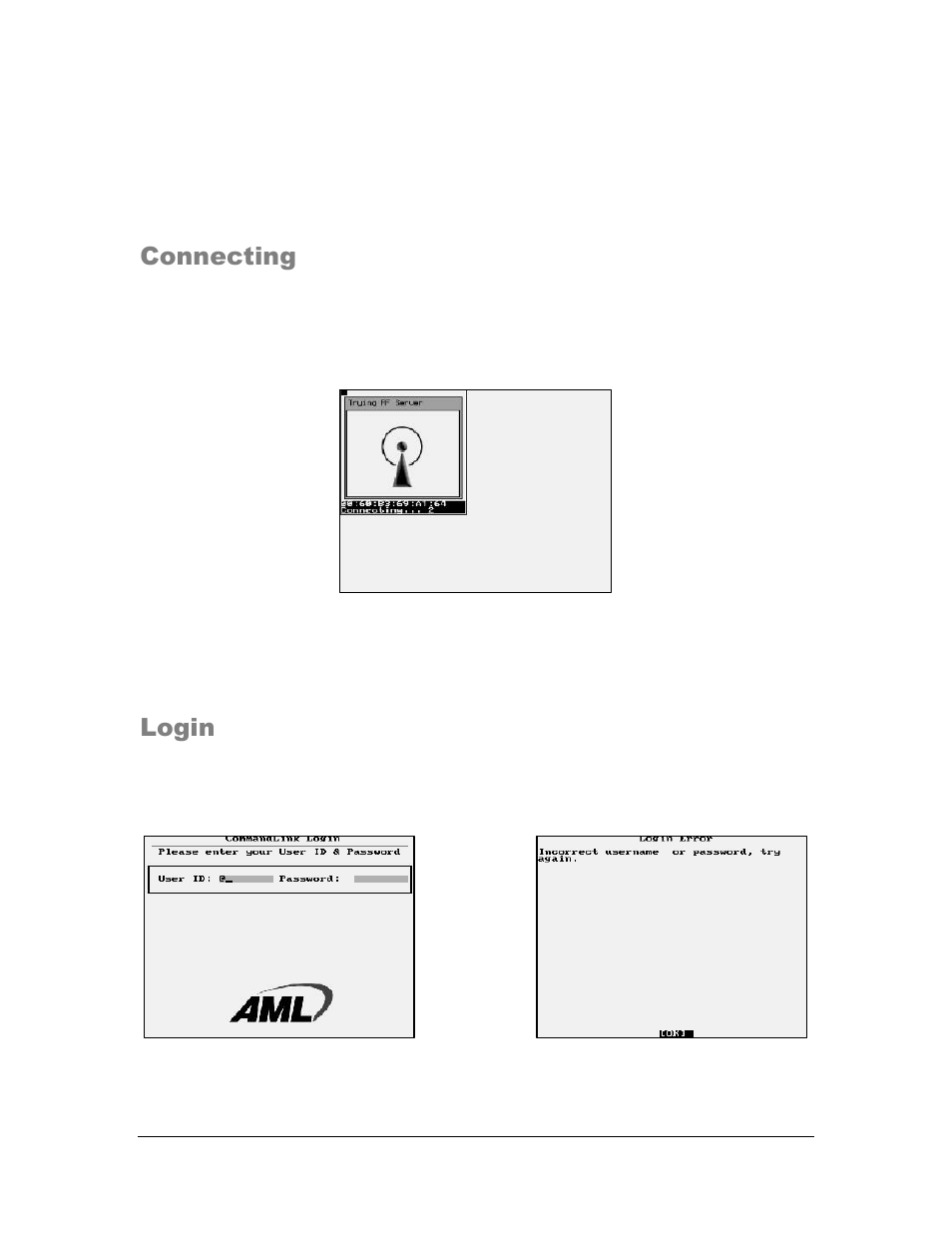 Connecting, Login | AML M7140 Stationary Terminal User Manual | Page 20 / 56