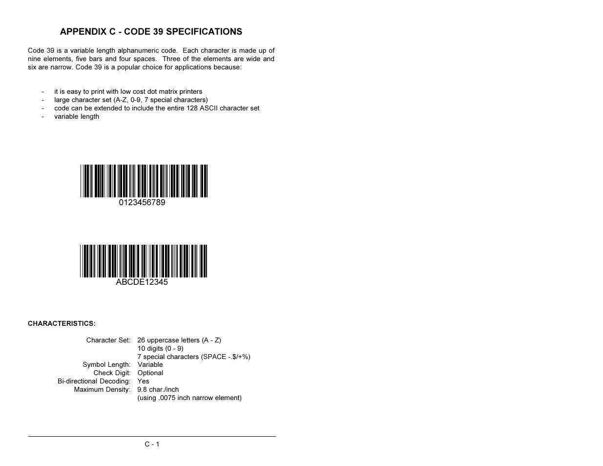 Appendix c - code 39 specifications | AML M2500 Decoder User Manual | Page 62 / 81