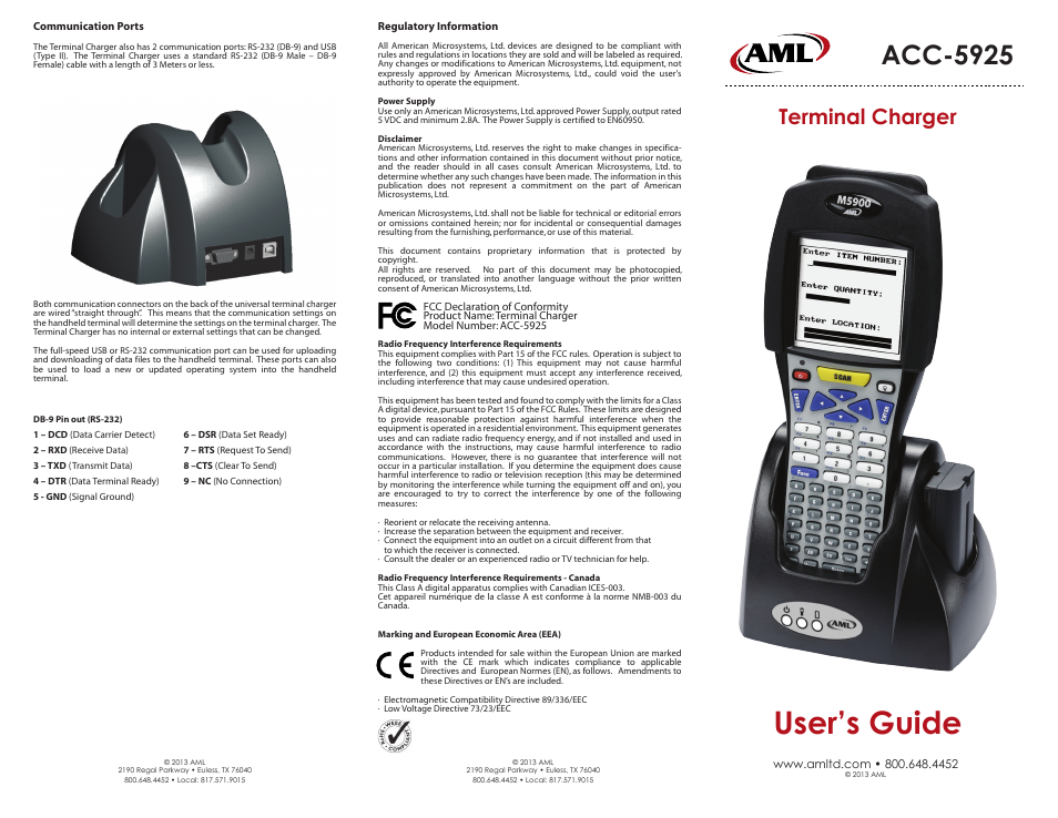 AML ACC-5925 Charging Cradle User Manual | 2 pages