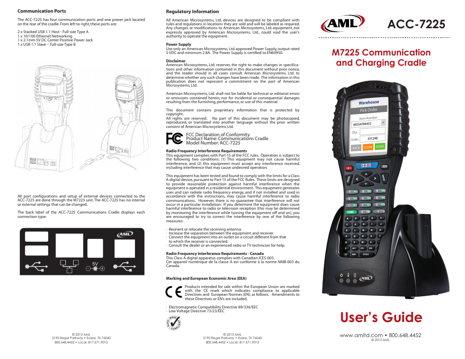 AML ACC-7225 Communications Cradle User Manual | 2 pages