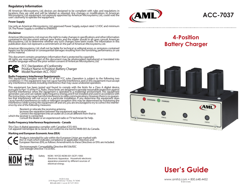 AML ACC-7037 4-Position Battery Charger User Manual | 2 pages