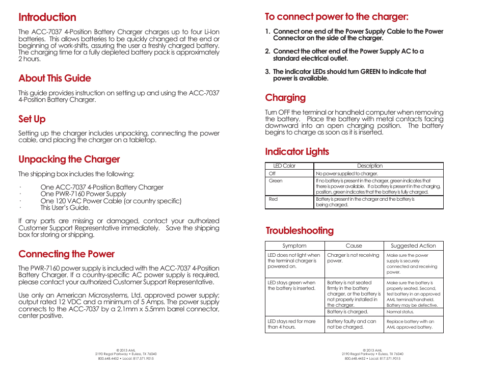 Acc-7037_inside, Introduction, About this guide | Set up, Unpacking the charger, Connecting the power, Charging, Indicator lights, Troubleshooting | AML ACC-7037 4-Position Battery Charger User Manual | Page 2 / 2