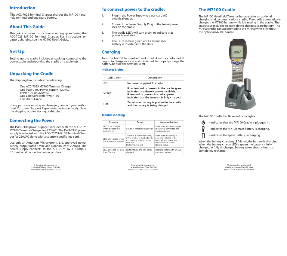 Set up, The m7100 cradle, Introduction t | About this guide, Unpacking the cradle, Connecting the power, Charging | AML ACC-7025 M7100 Charging Cradle User Manual | Page 2 / 2